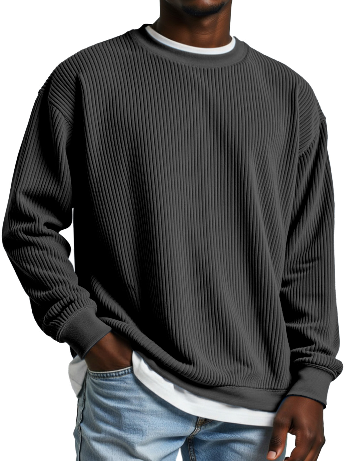 Men's Simple Daily Solid Color Vertical Pit Strip Round Neck Long-sleeved T-shirt