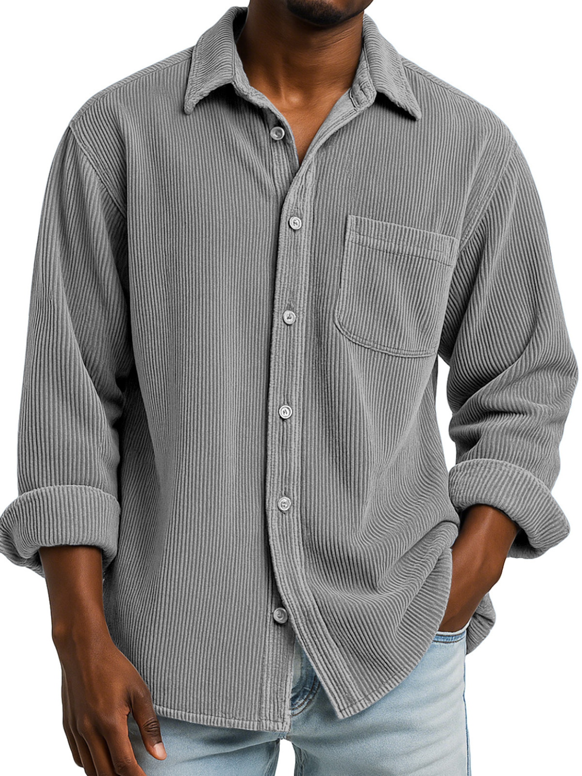 Basic Vintage Corduroy Lapel Button-down Long-sleeve Shirt