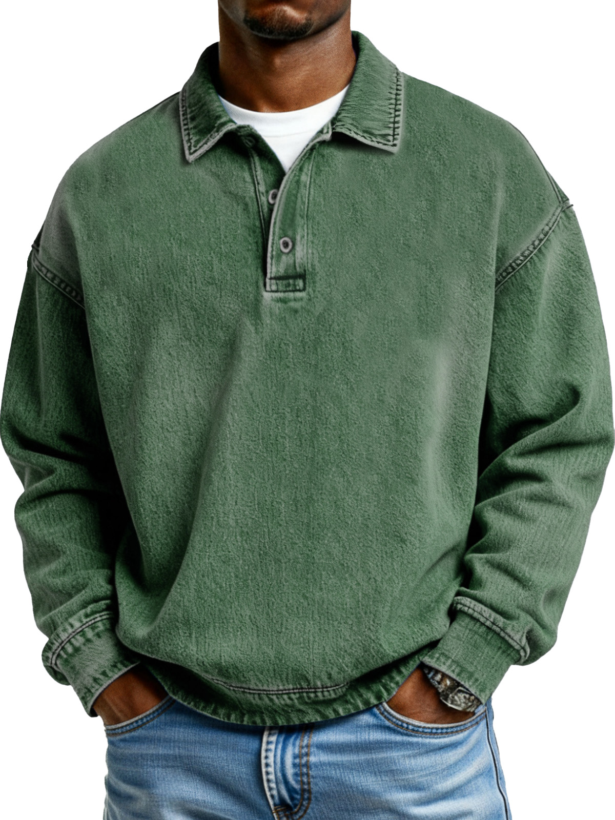 Retro Solid Color Simple Button Lapel Long Sleeve Polo Shirt