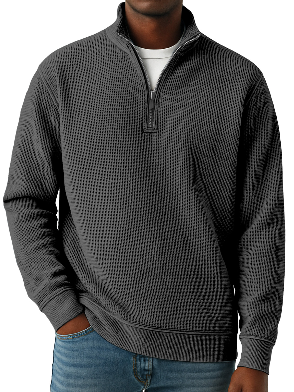 Men's Simple Solid Color Waffle Quarter-zip Long Sleeve Polo Shirt