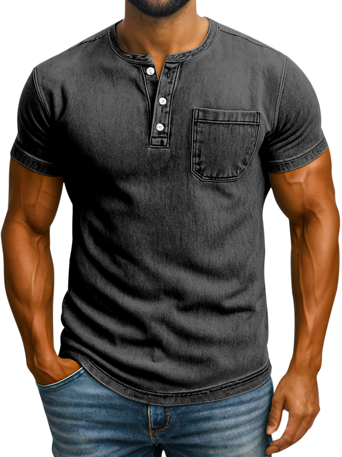 Men's Retro Solid Color Casual Comfortable Short Sleeve Henley Shirt