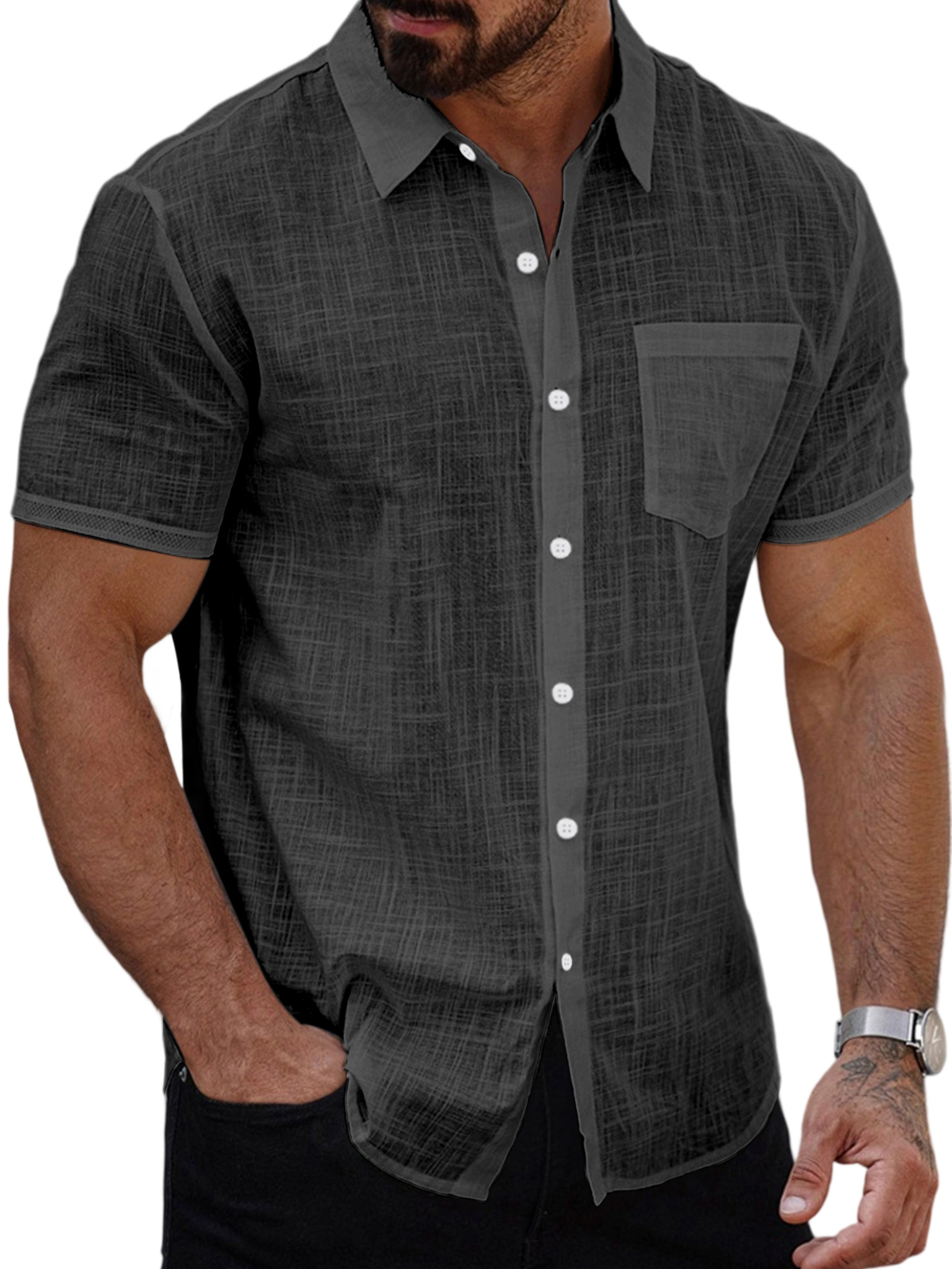 Men's Summer Casual Solid Color Button-down Short Sleeve Shirt