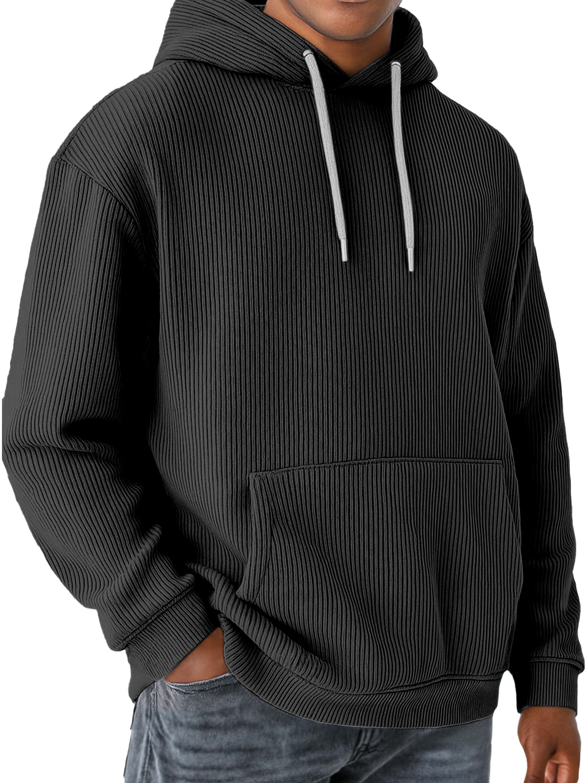 Men's Solid Color Vertical Pit Strip Pocket Long Sleeve Hooded Sweatshirt