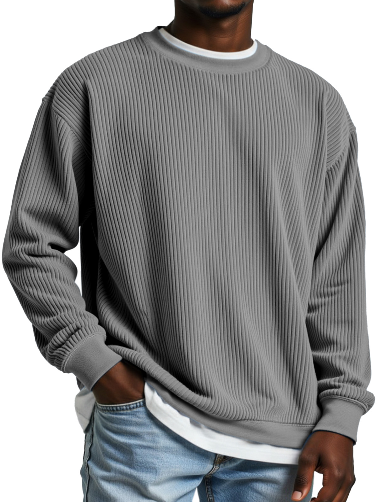 Men's Simple Daily Solid Color Vertical Pit Strip Round Neck Long-sleeved T-shirt