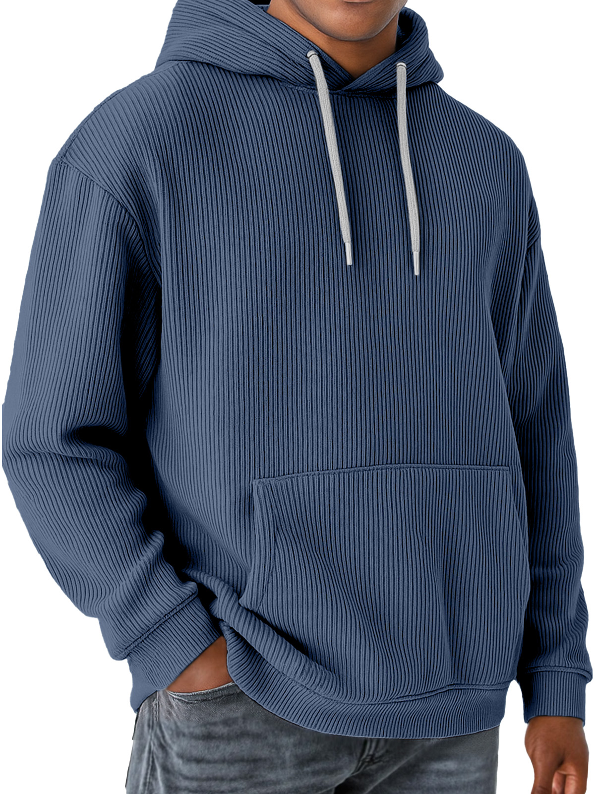 Men's Solid Color Vertical Pit Strip Pocket Long Sleeve Hooded Sweatshirt