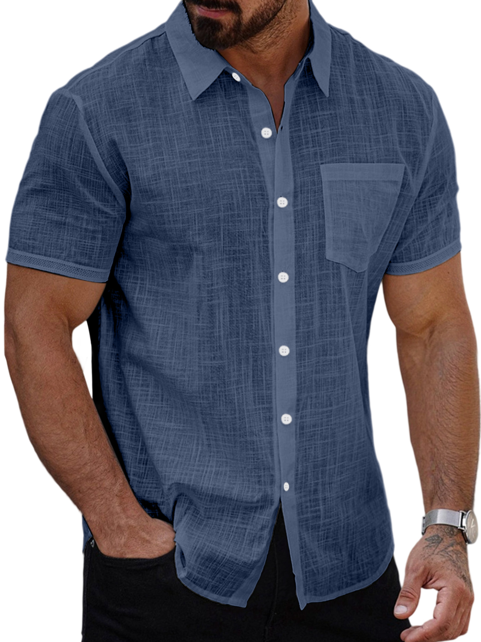 Men's Summer Casual Solid Color Button-down Short Sleeve Shirt