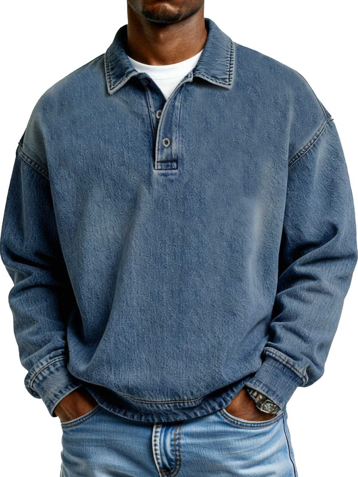 Retro Solid Color Simple Button Lapel Long Sleeve Polo Shirt