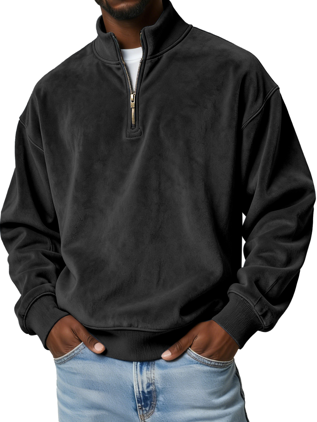 Men's Simple Solid Color Suede Casual Zipper Stand Collar Sweatshirt