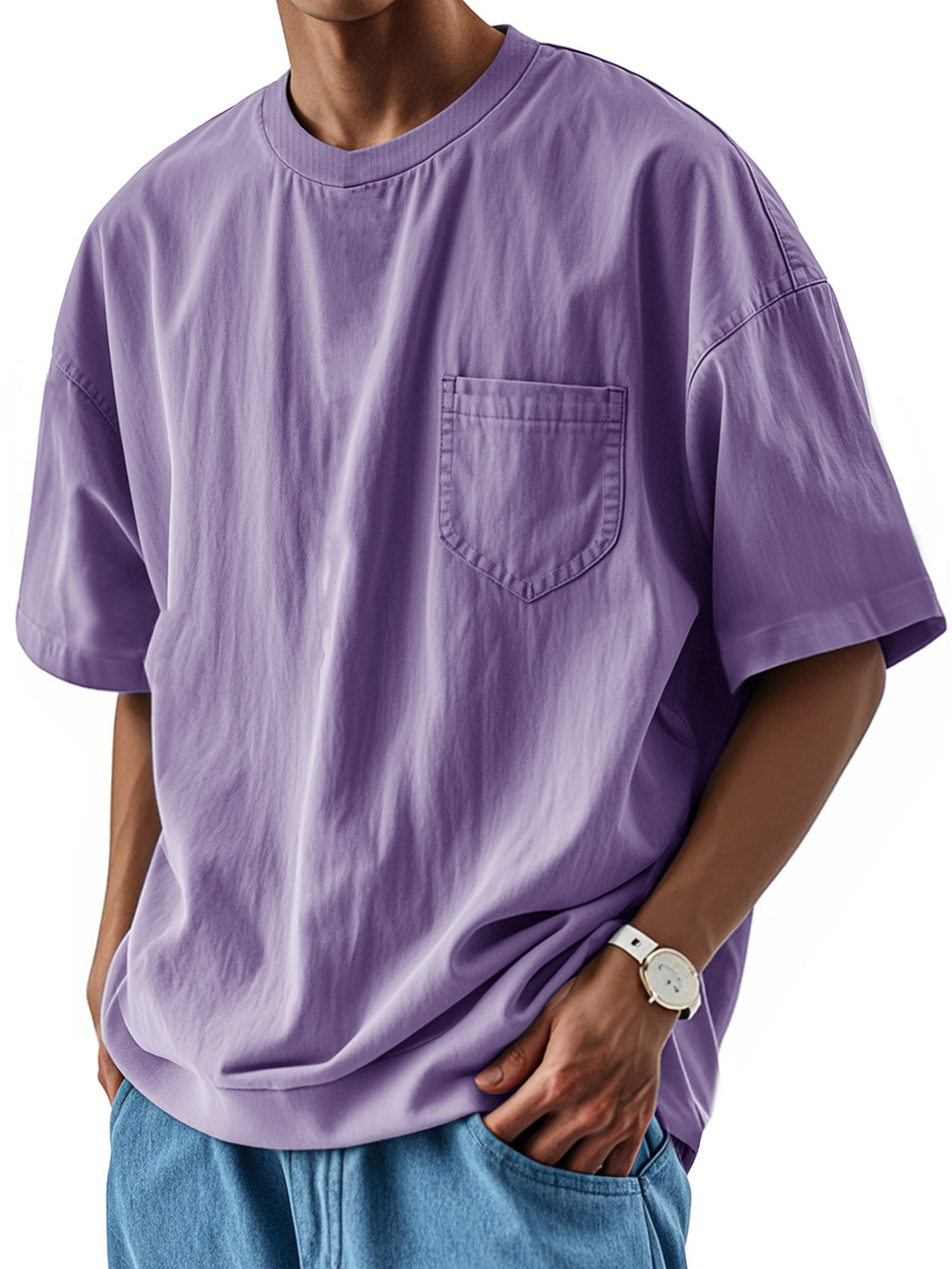 Men's Fashion Casual Retro Shirt Round Neck Pocket Short Sleeve T-Shirt