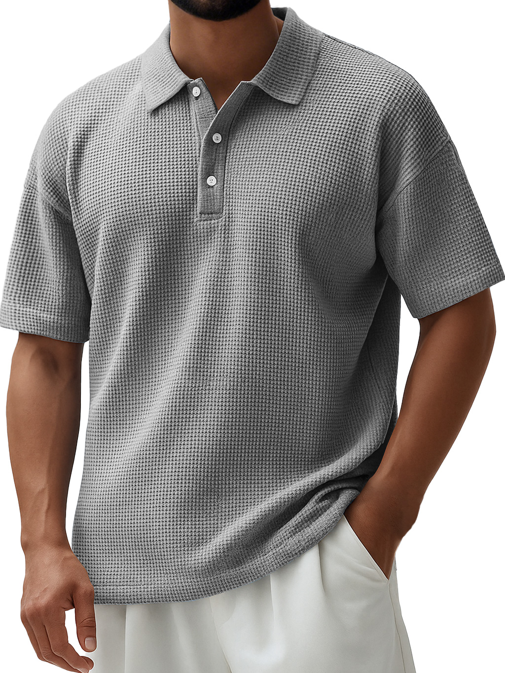 Men's Everyday Waffle Lapel Button Down Casual Short Sleeve Polo Shirt