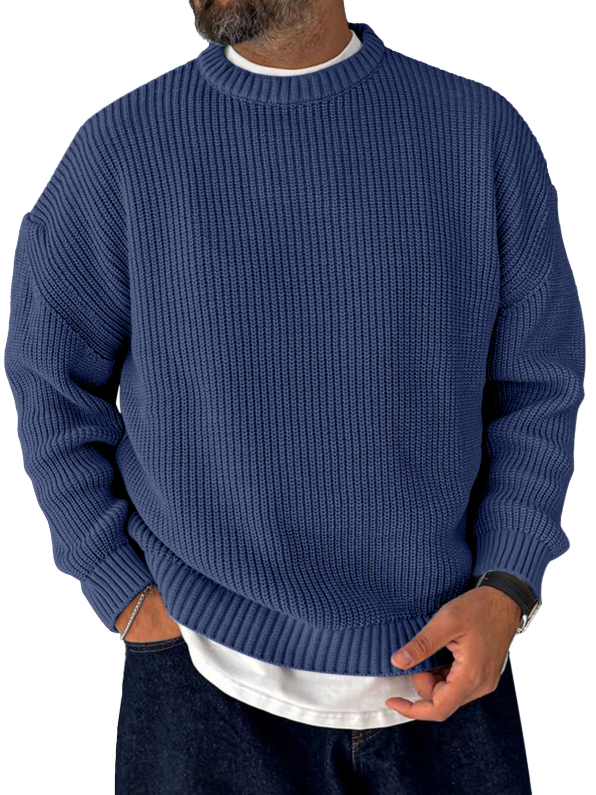 Men's Korean Style Loose Casual Retro Trendy Knitted Sweater Crew Neck Top