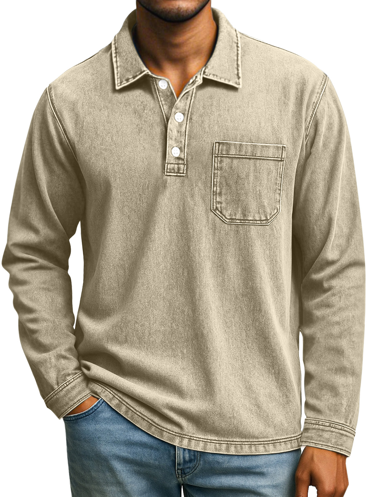 Men's Retro Casual Daily Solid Color Long Sleeve Lapel Polo Shirt