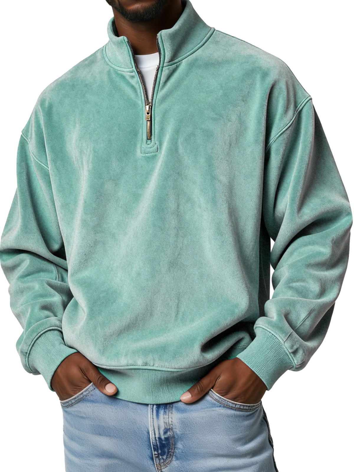 Men's Simple Solid Color Suede Casual Zipper Stand Collar Sweatshirt