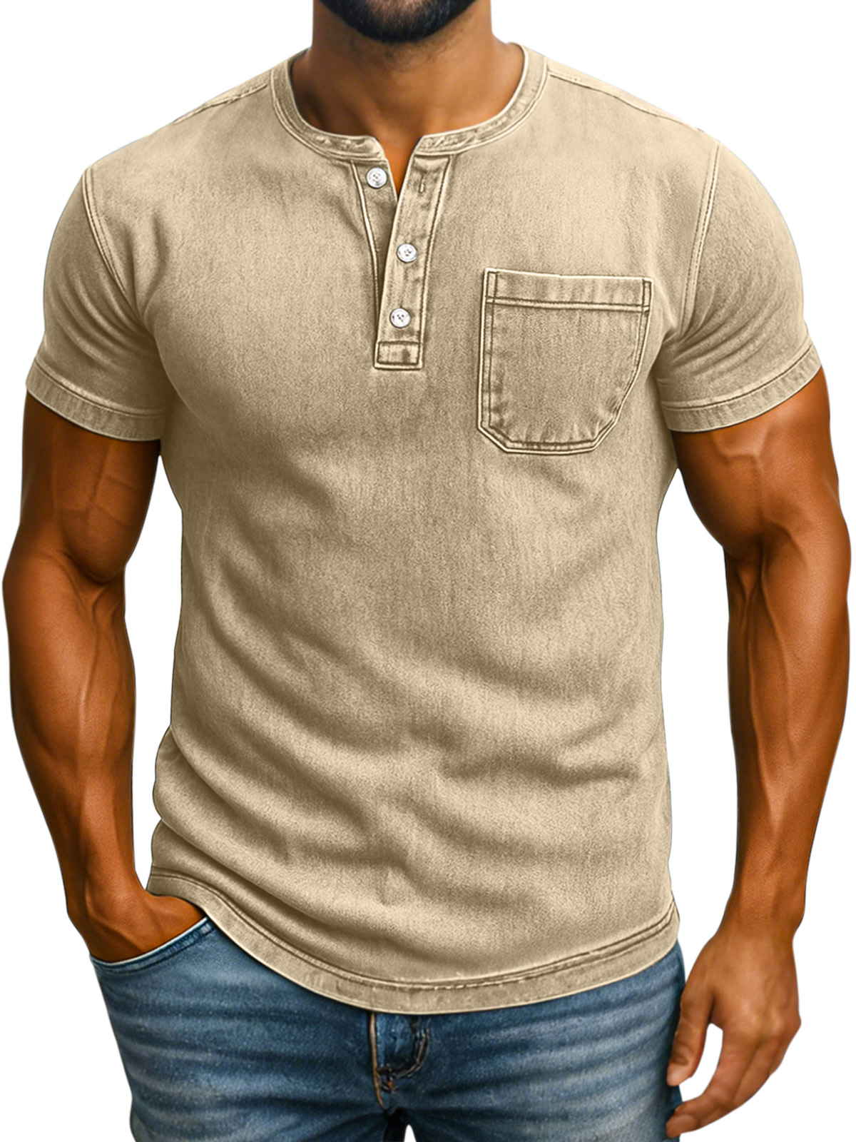Men's Retro Solid Color Casual Comfortable Short Sleeve Henley Shirt