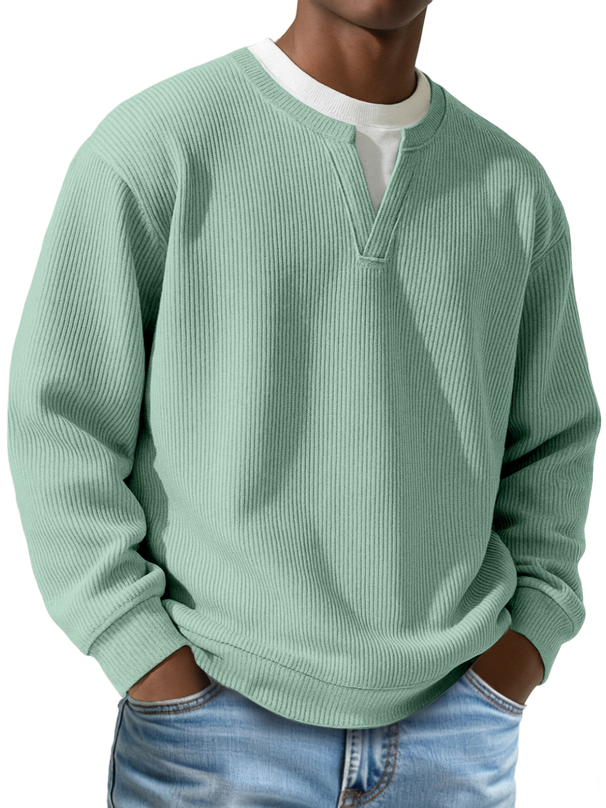 Men's Daily Vertical Pit V-neck Fake Two-piece Round Neck Long-sleeved T-shirt