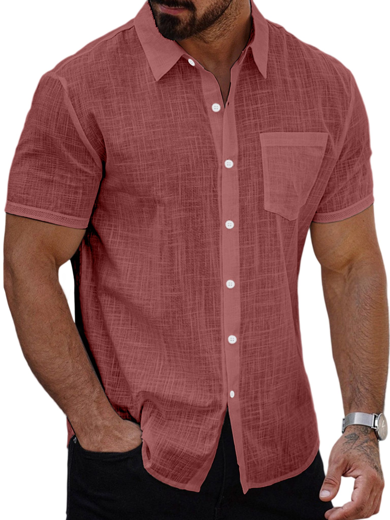 Men's Summer Casual Solid Color Button-down Short Sleeve Shirt