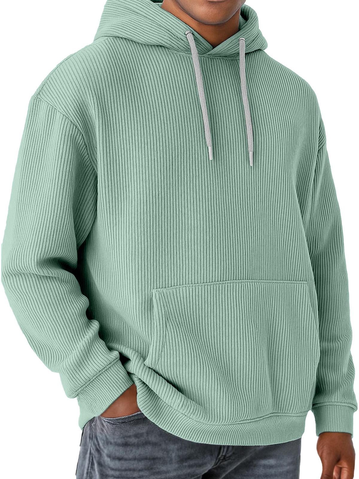 Men's Solid Color Vertical Pit Strip Pocket Long Sleeve Hooded Sweatshirt