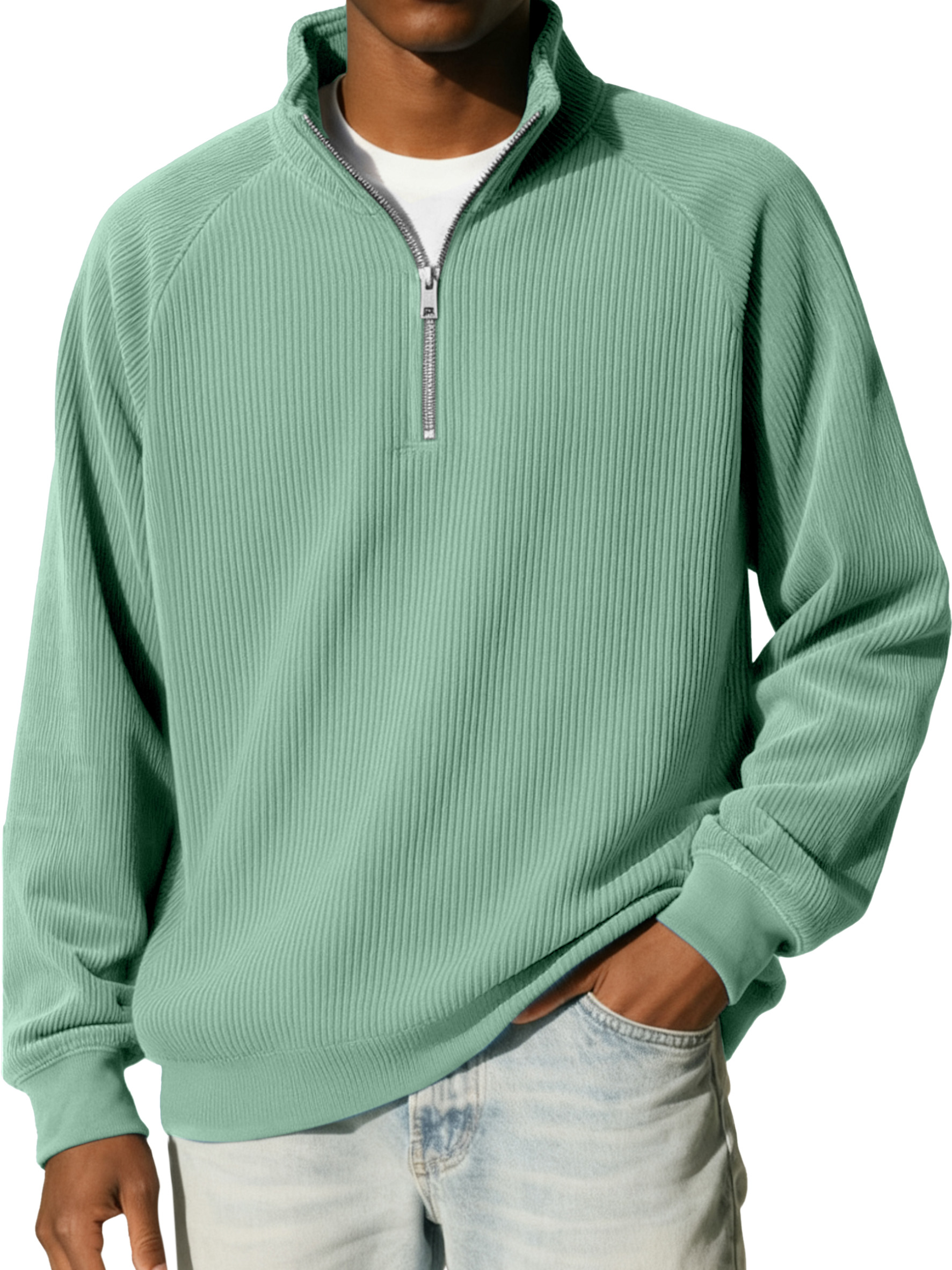 Men's Casual Simple Vertical Pit Strip Raglan Stand Collar Zipper Long-sleeved Sweatshirt