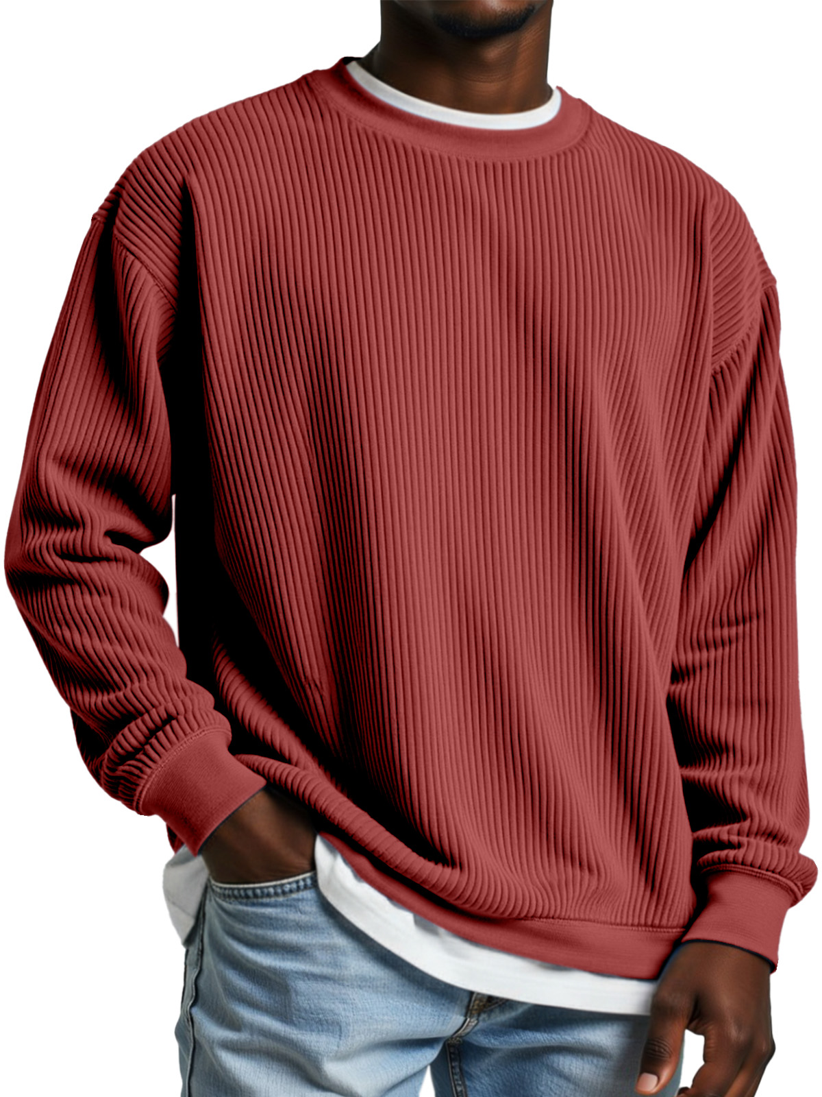 Men's Simple Daily Solid Color Vertical Pit Strip Round Neck Long-sleeved T-shirt