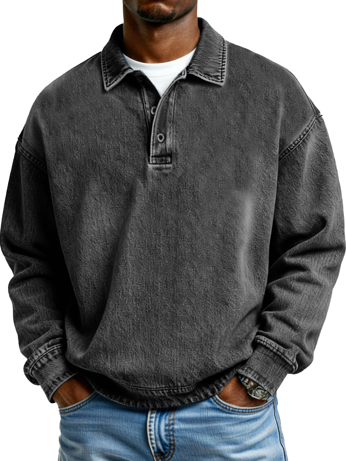 Retro Solid Color Simple Button Lapel Long Sleeve Polo Shirt