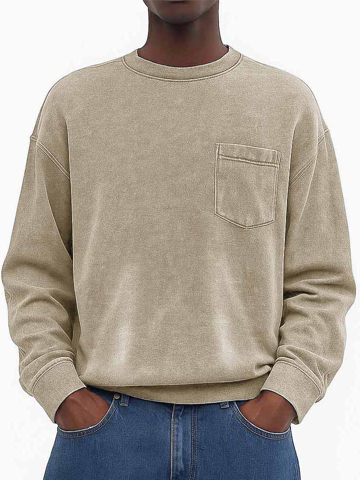 Men's Stylish Vintage Washed And Distressed Fabric Loose-fitting Long-sleeved Crew Neck Sweatshirt With Pockets