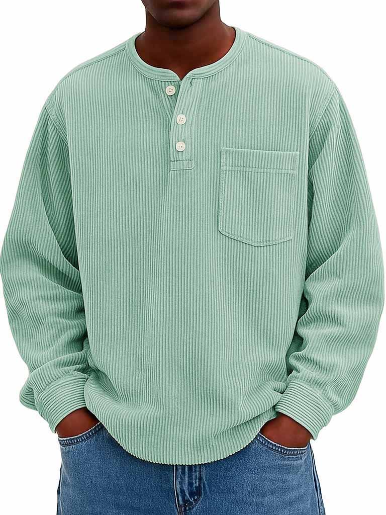 Men's Fashion Casual Corduroy Pocket Long Sleeve Henley Shirt