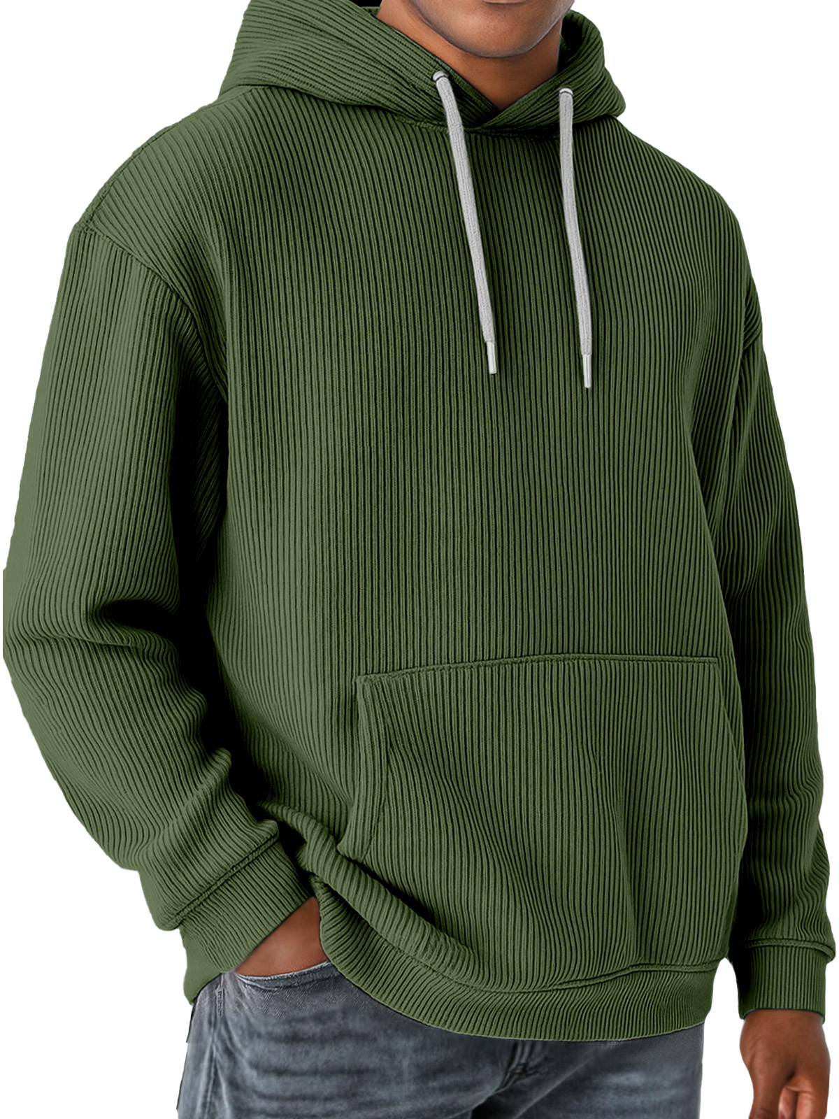 Men's Solid Color Vertical Pit Strip Pocket Long Sleeve Hooded Sweatshirt