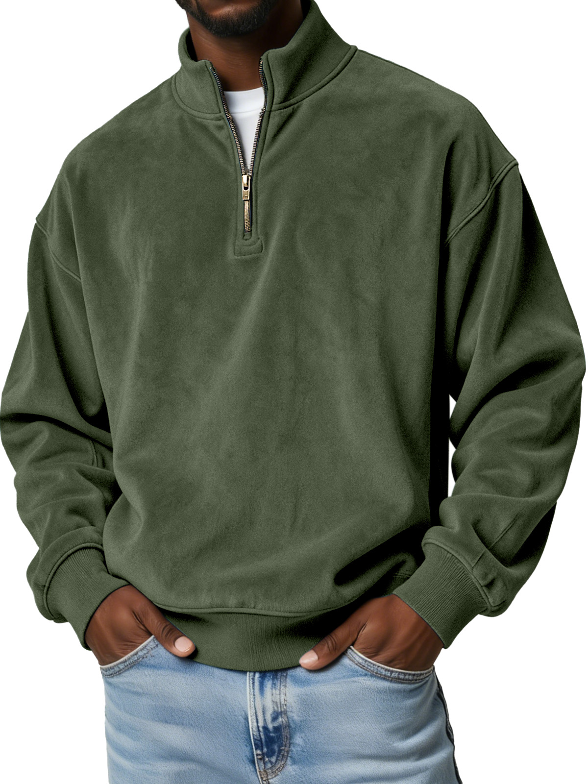 Men's Simple Solid Color Suede Casual Zipper Stand Collar Sweatshirt