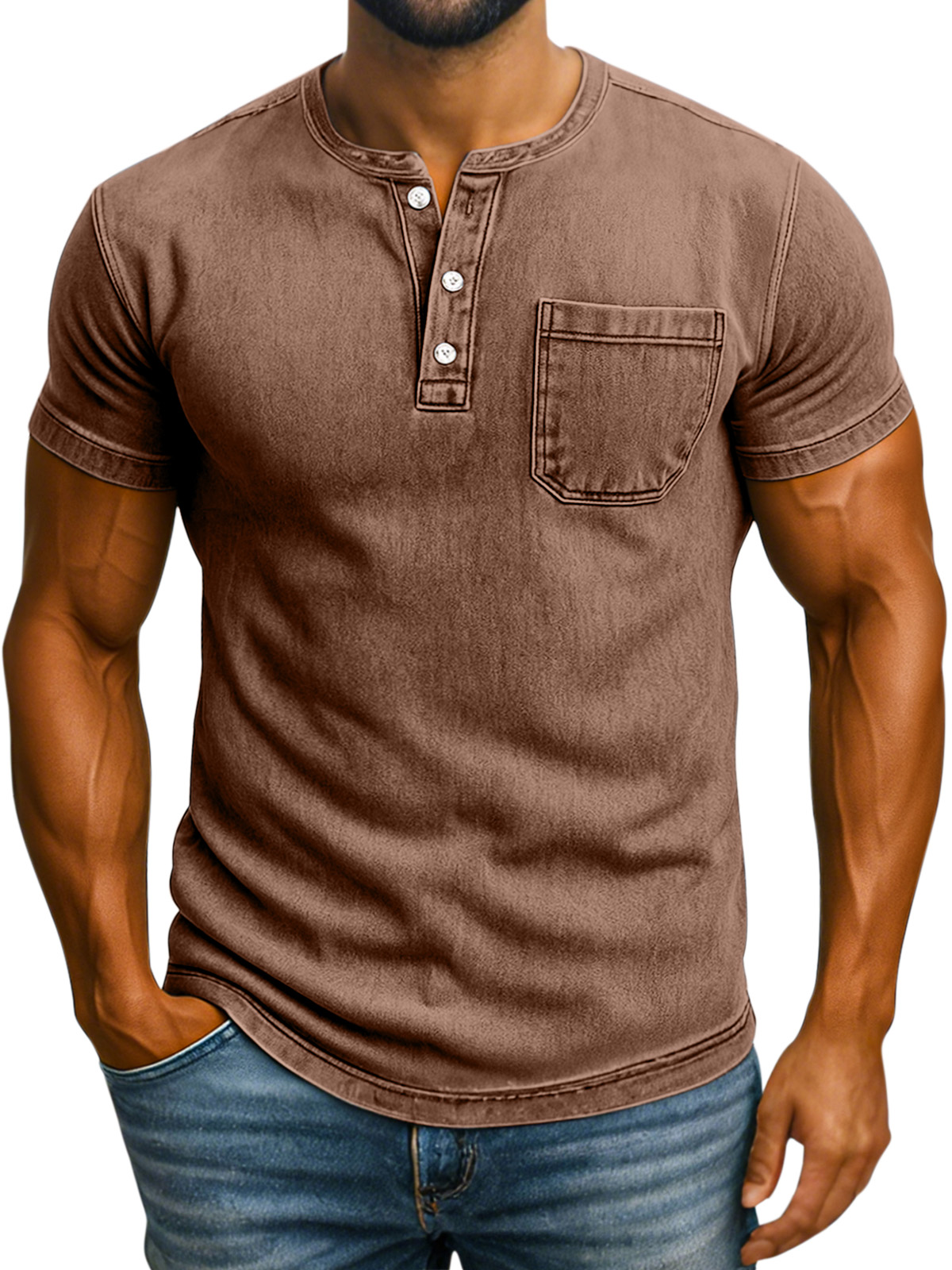 Men's Retro Solid Color Casual Comfortable Short Sleeve Henley Shirt