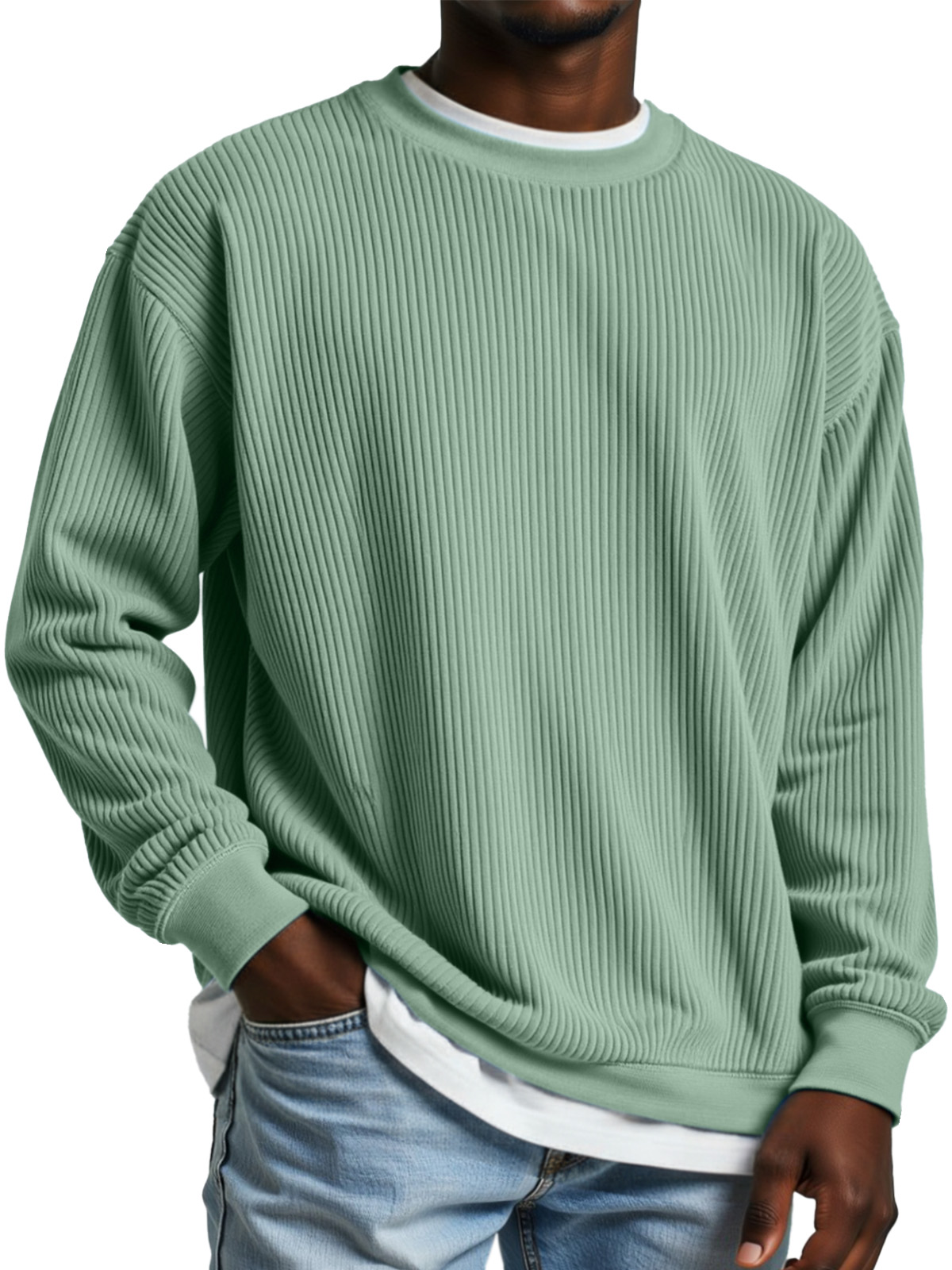 Men's Simple Daily Solid Color Vertical Pit Strip Round Neck Long-sleeved T-shirt