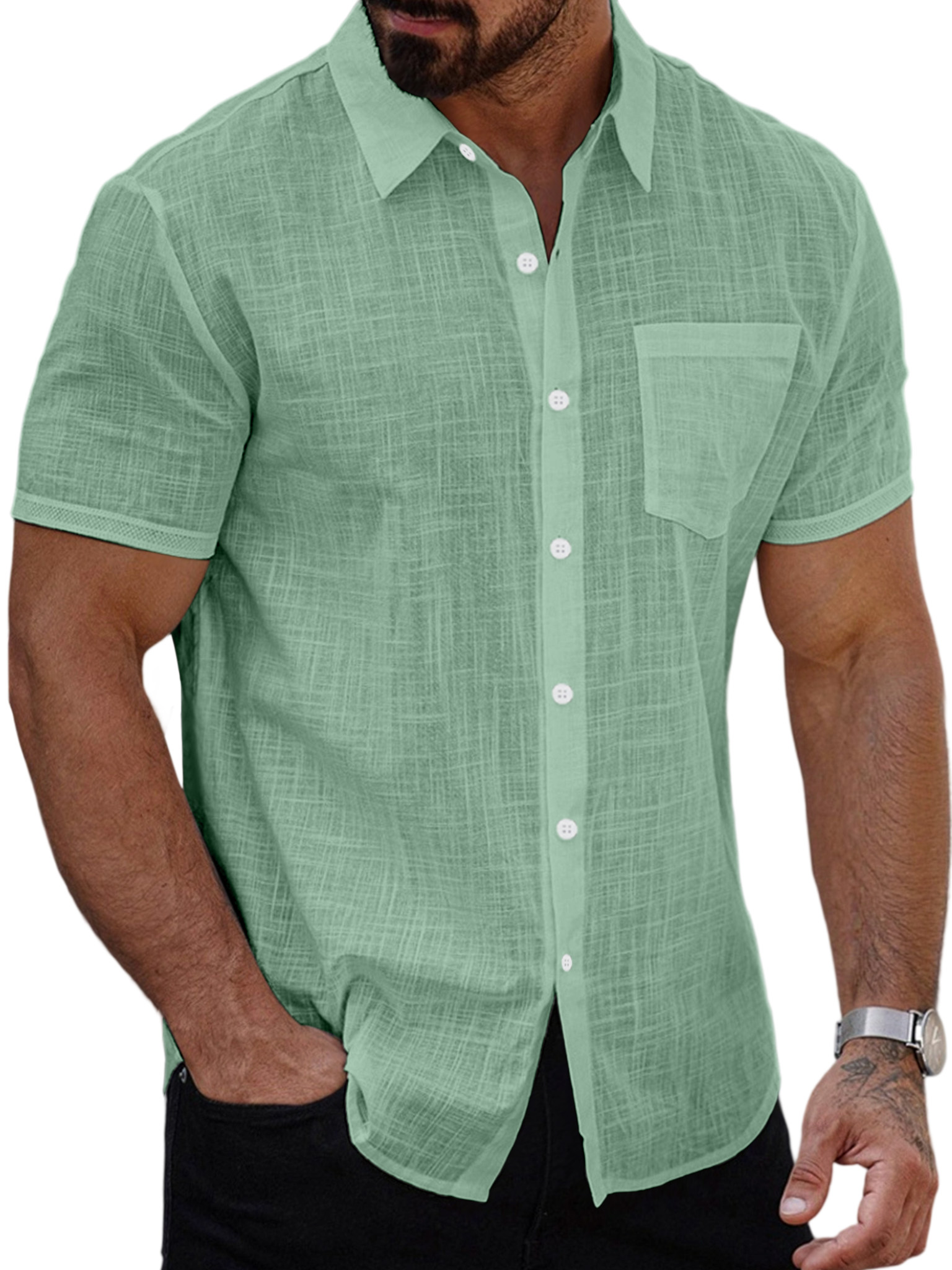 Men's Summer Casual Solid Color Button-down Short Sleeve Shirt
