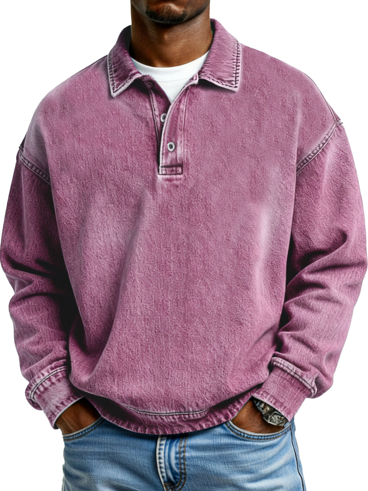 Retro Solid Color Simple Button Lapel Long Sleeve Polo Shirt