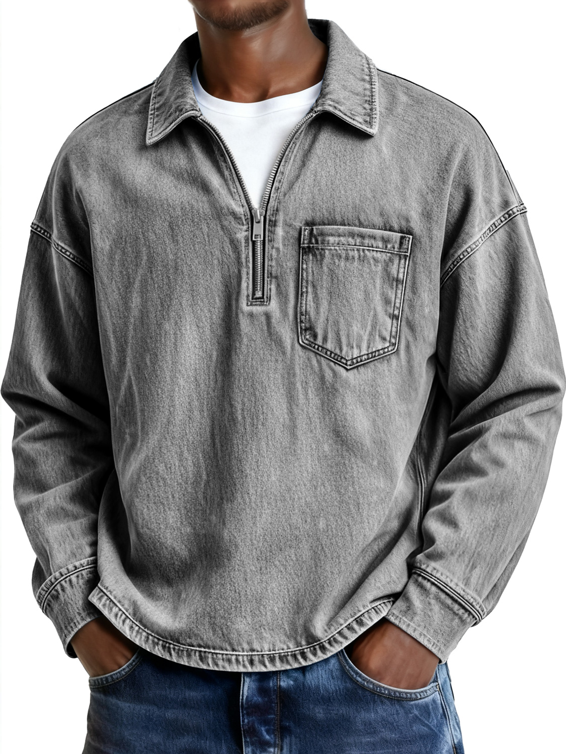 Men's Retro Lapel Zipper Casual Pocket Long-Sleeve Polo Shirt