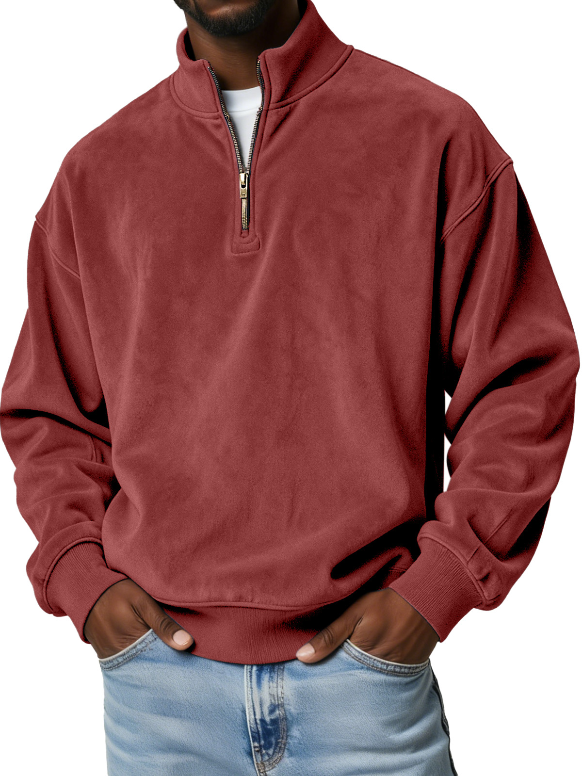 Men's Simple Solid Color Suede Casual Zipper Stand Collar Sweatshirt