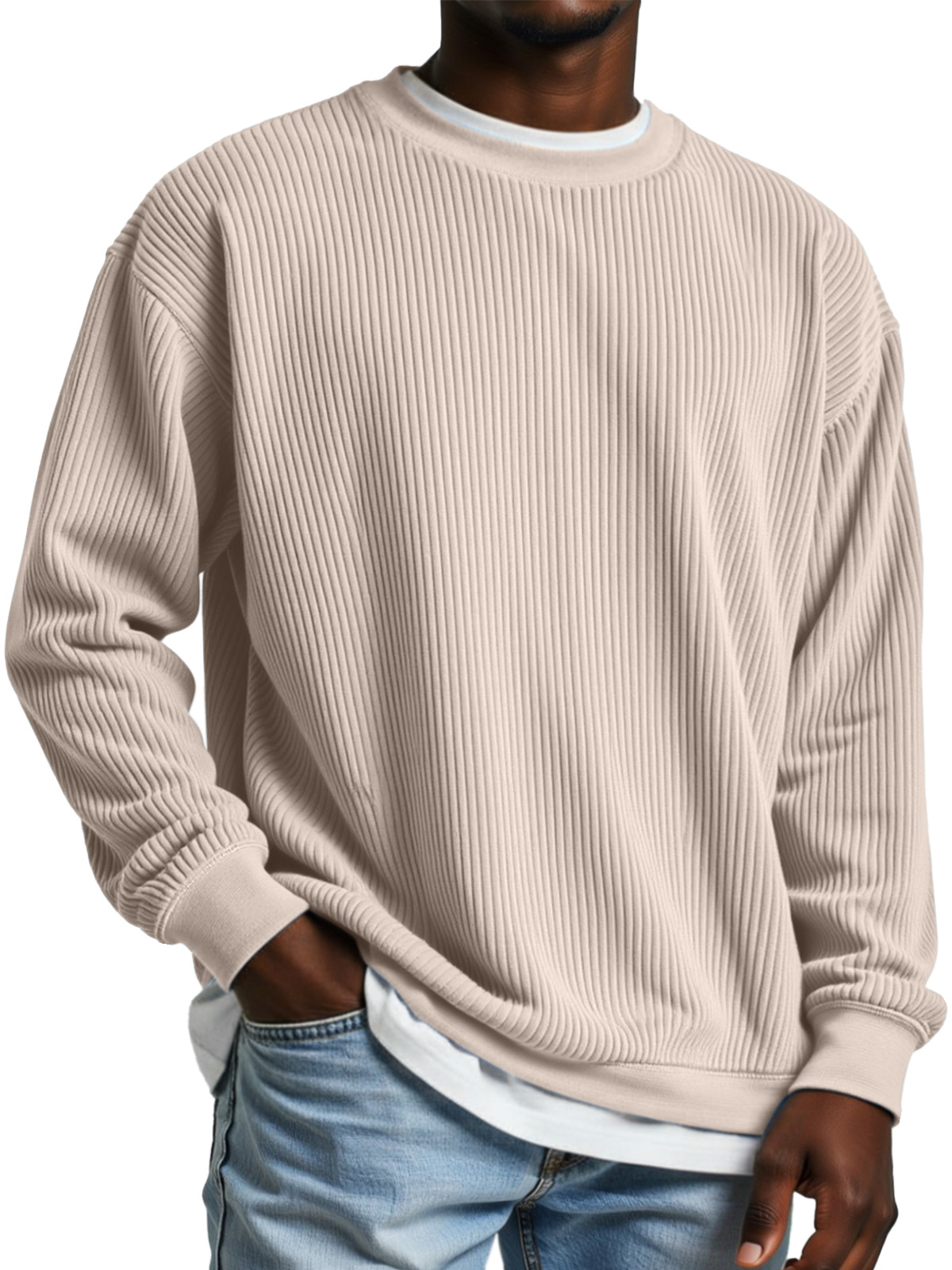 Men's Simple Daily Solid Color Vertical Pit Strip Round Neck Long-sleeved T-shirt