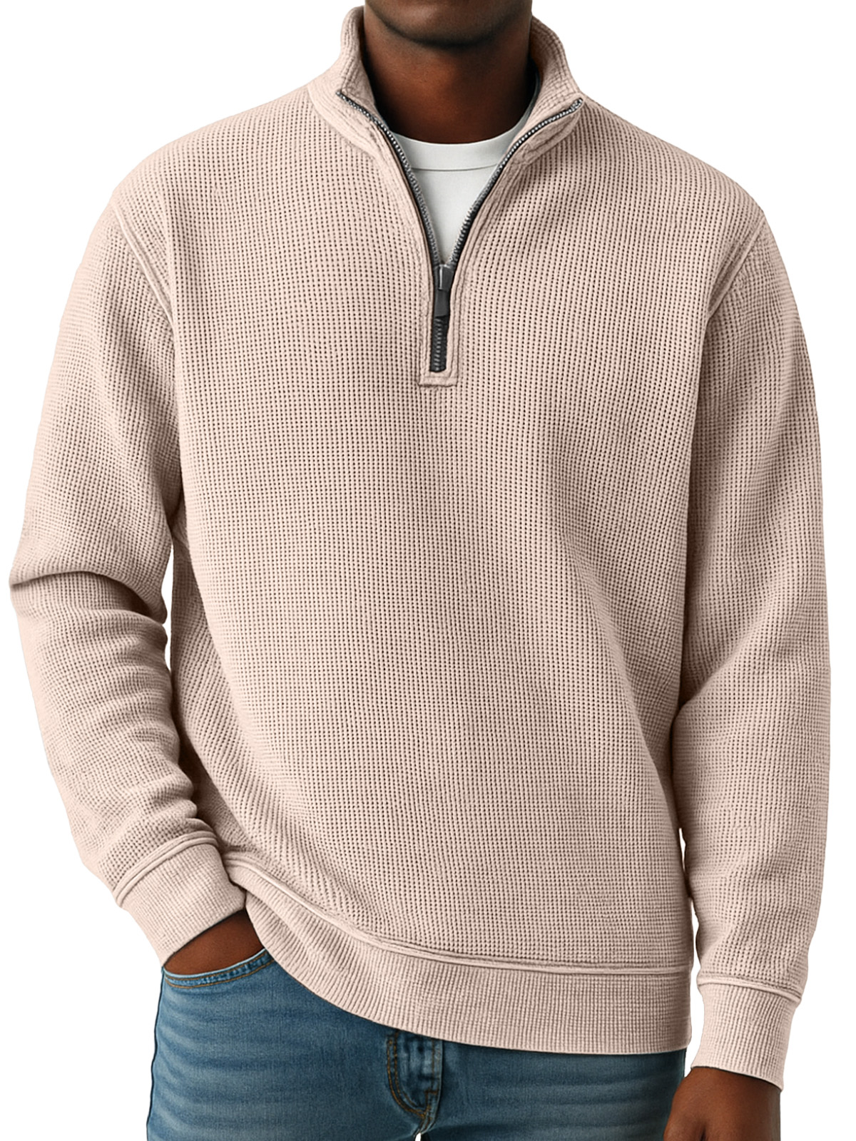 Men's Simple Solid Color Waffle Quarter-zip Long Sleeve Polo Shirt