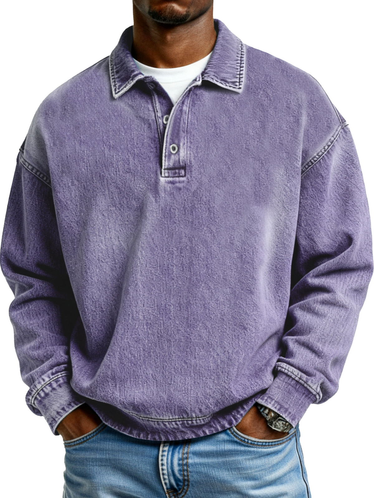 Retro Solid Color Simple Button Lapel Long Sleeve Polo Shirt