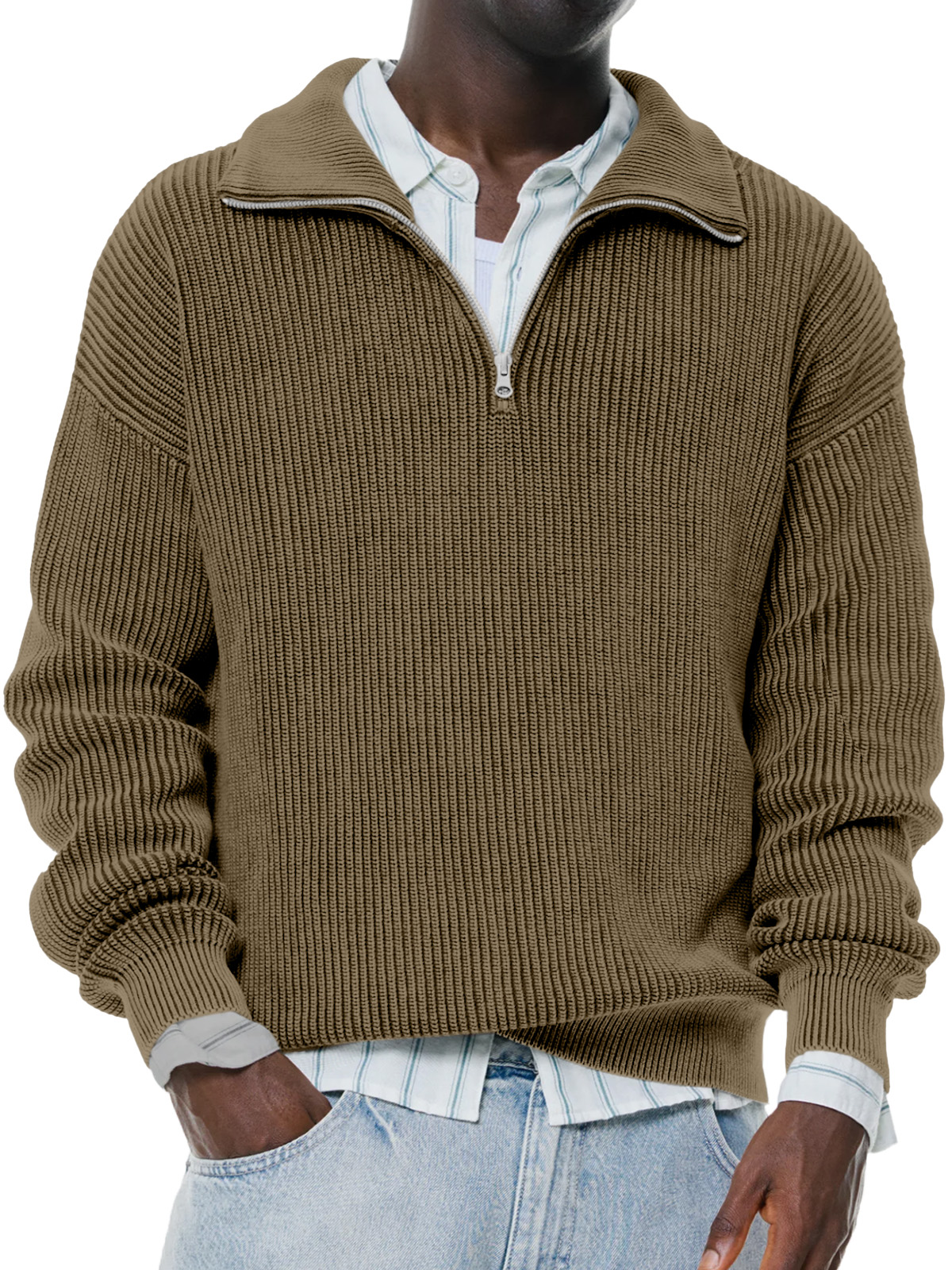 Men's Daily Casual Solid Color Knitted Stand Collar Zipper Pullover Sweater