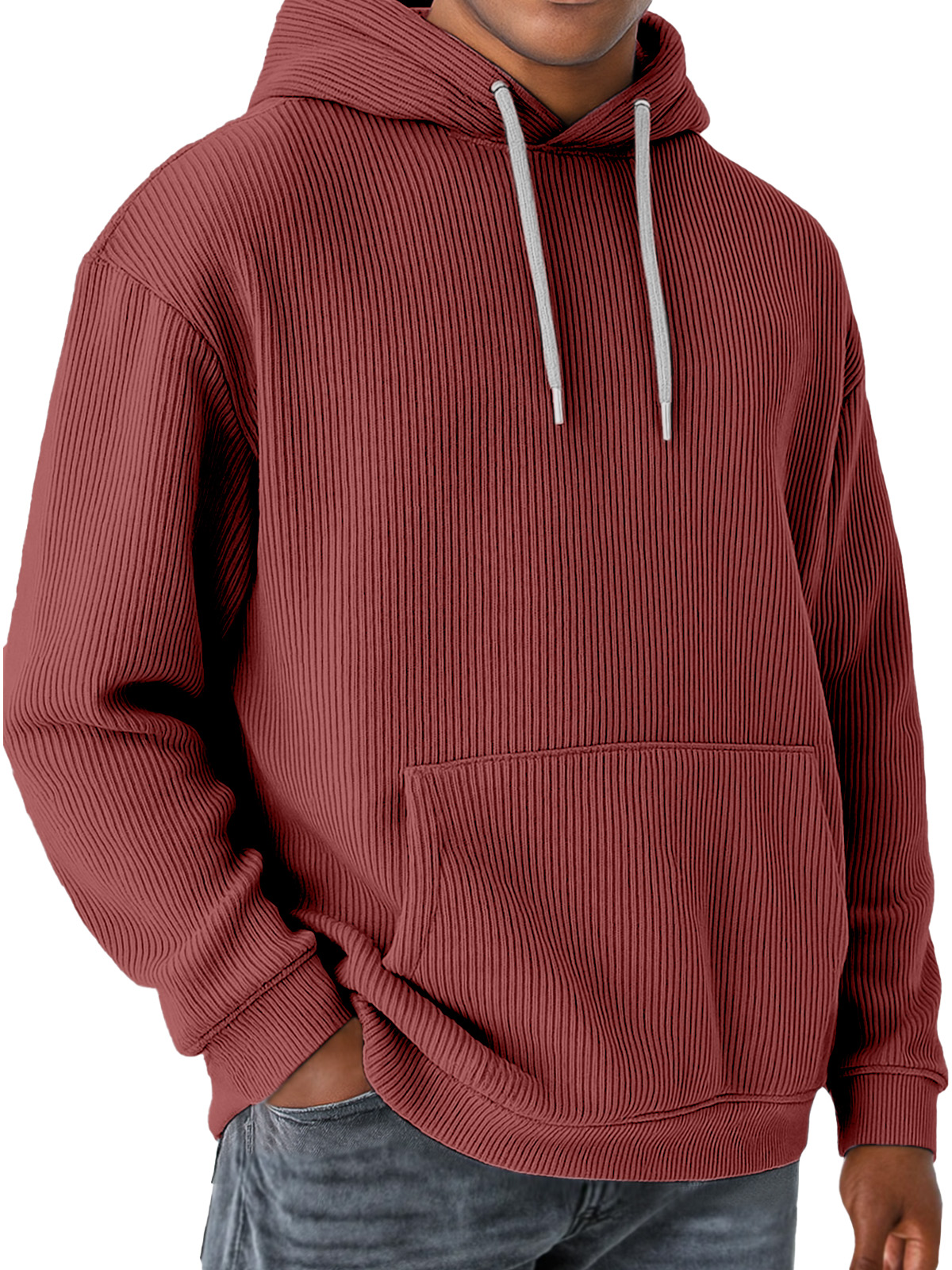 Men's Solid Color Vertical Pit Strip Pocket Long Sleeve Hooded Sweatshirt