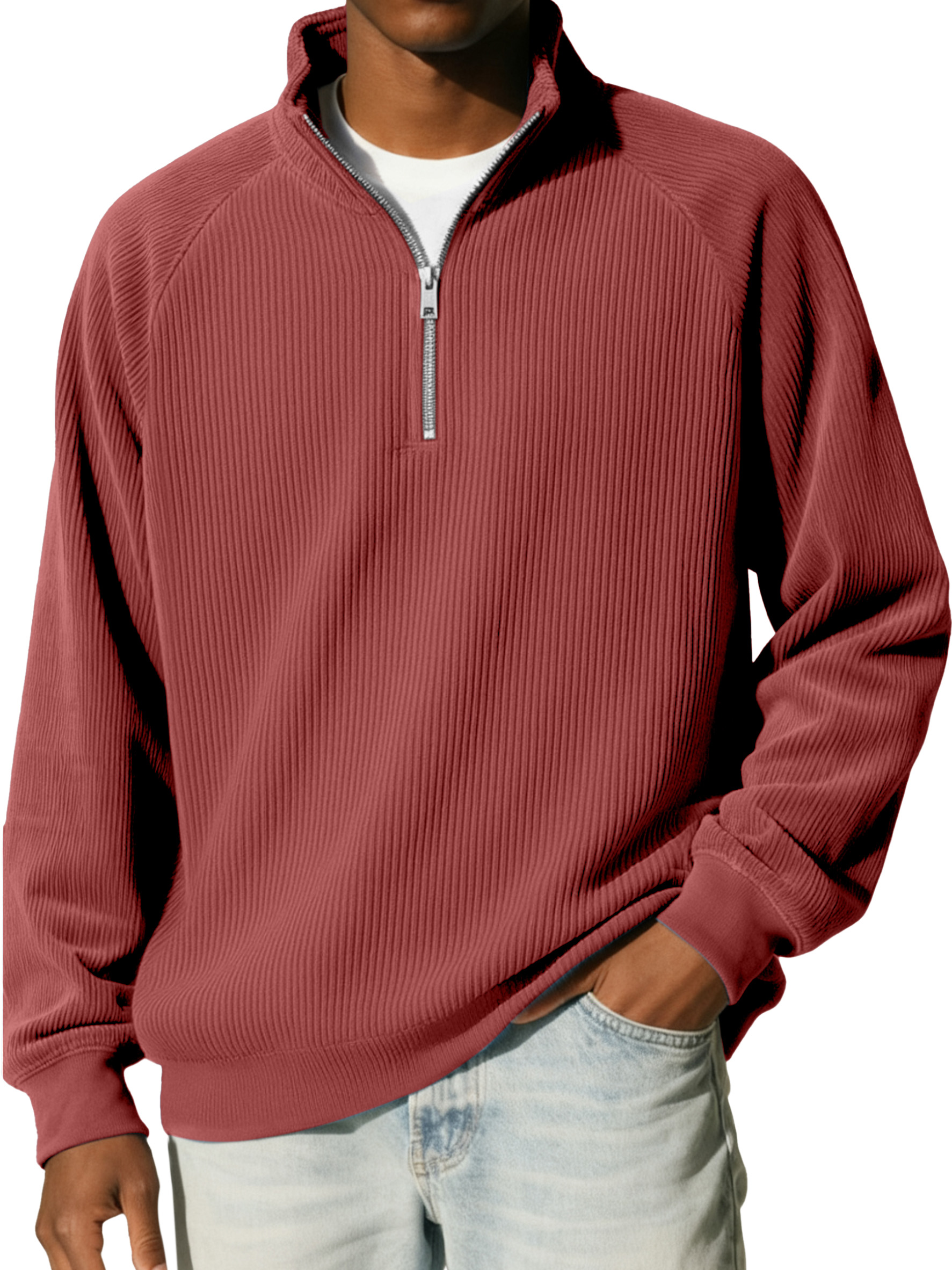 Men's Casual Simple Vertical Pit Strip Raglan Stand Collar Zipper Long-sleeved Sweatshirt