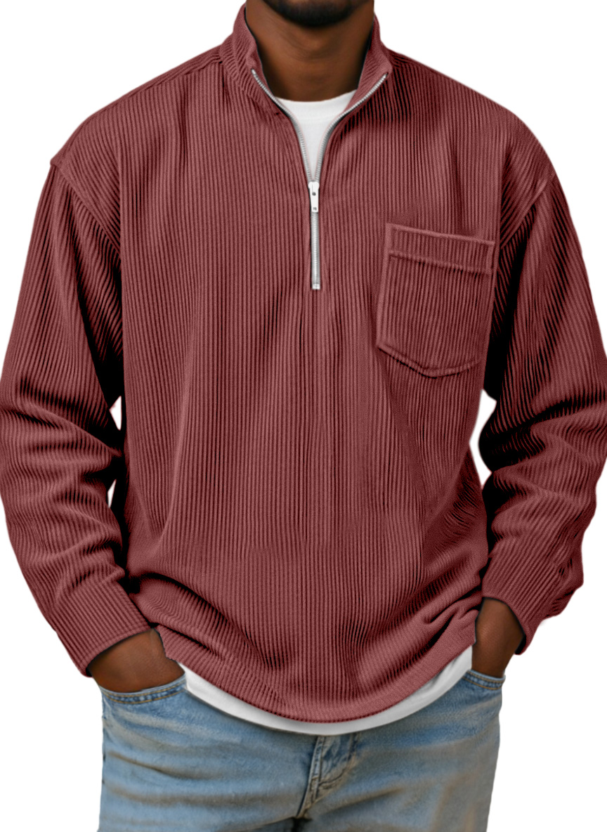 Men's Simple Basic Corduroy Quarter-zip Stand Collar Long Sleeve Polo Shirt