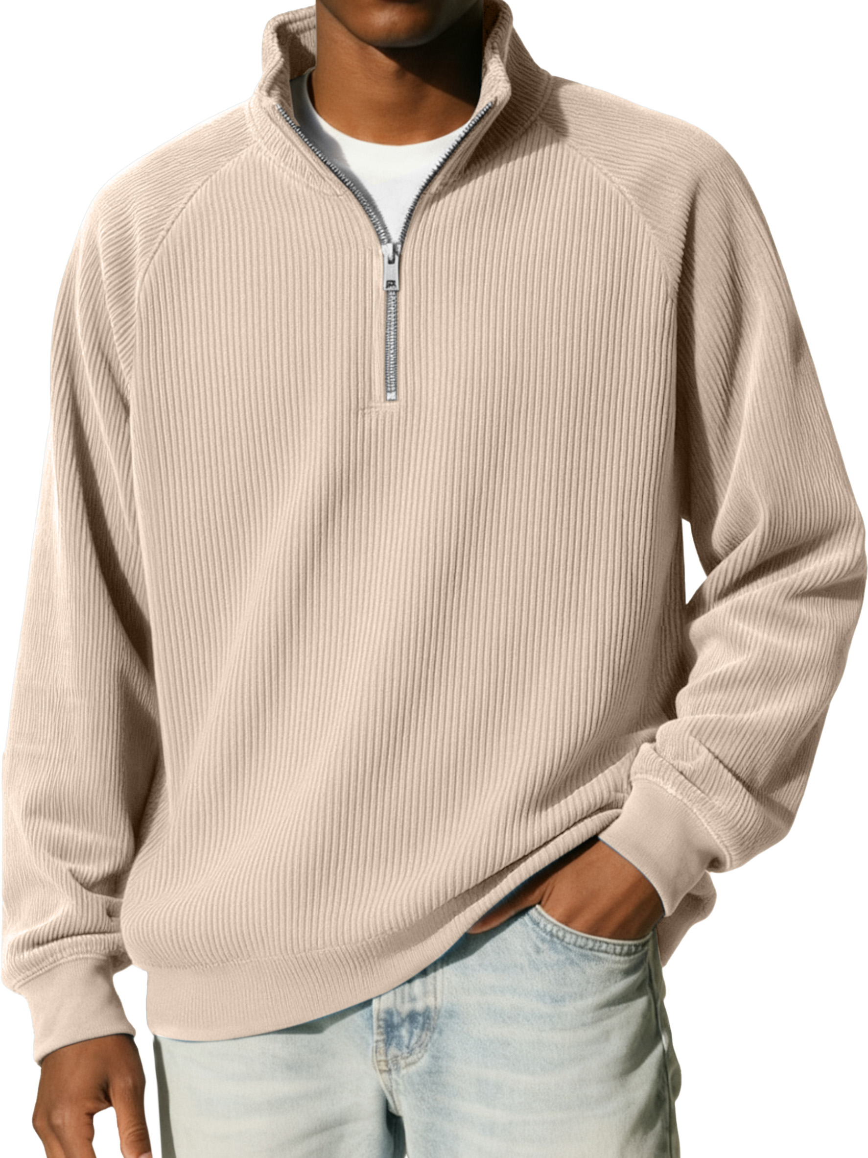 Men's Casual Simple Vertical Pit Strip Raglan Stand Collar Zipper Long-sleeved Sweatshirt