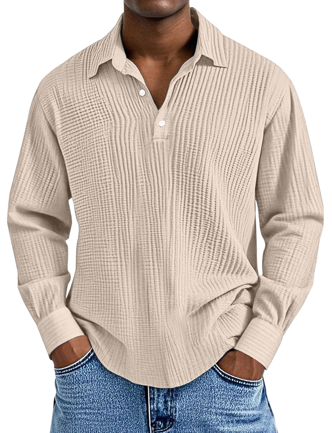 Men's Simple Solid Color Pleated Texture Long-sleeved Lapel Polo Shirt