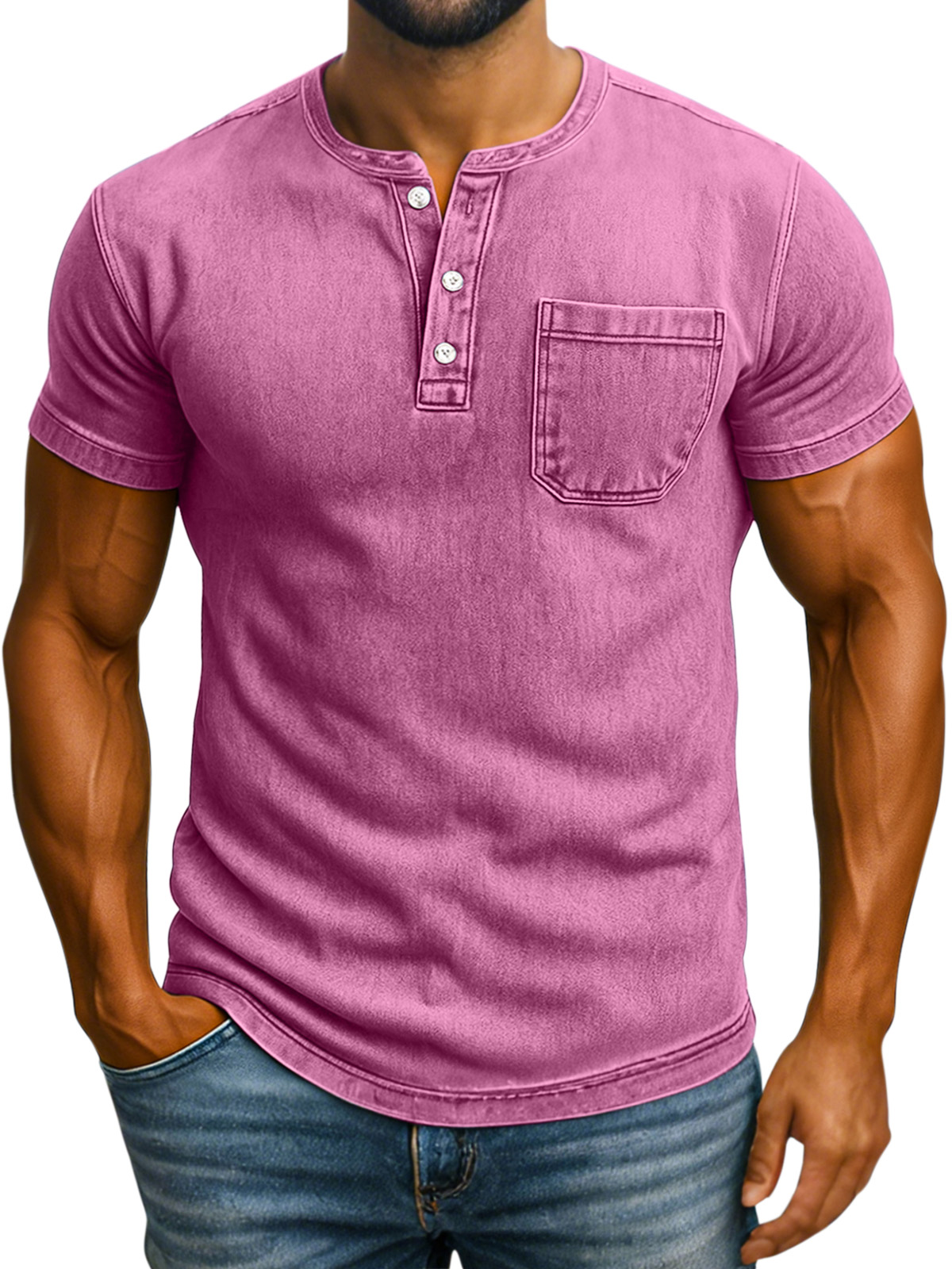 Men's Retro Solid Color Casual Comfortable Short Sleeve Henley Shirt