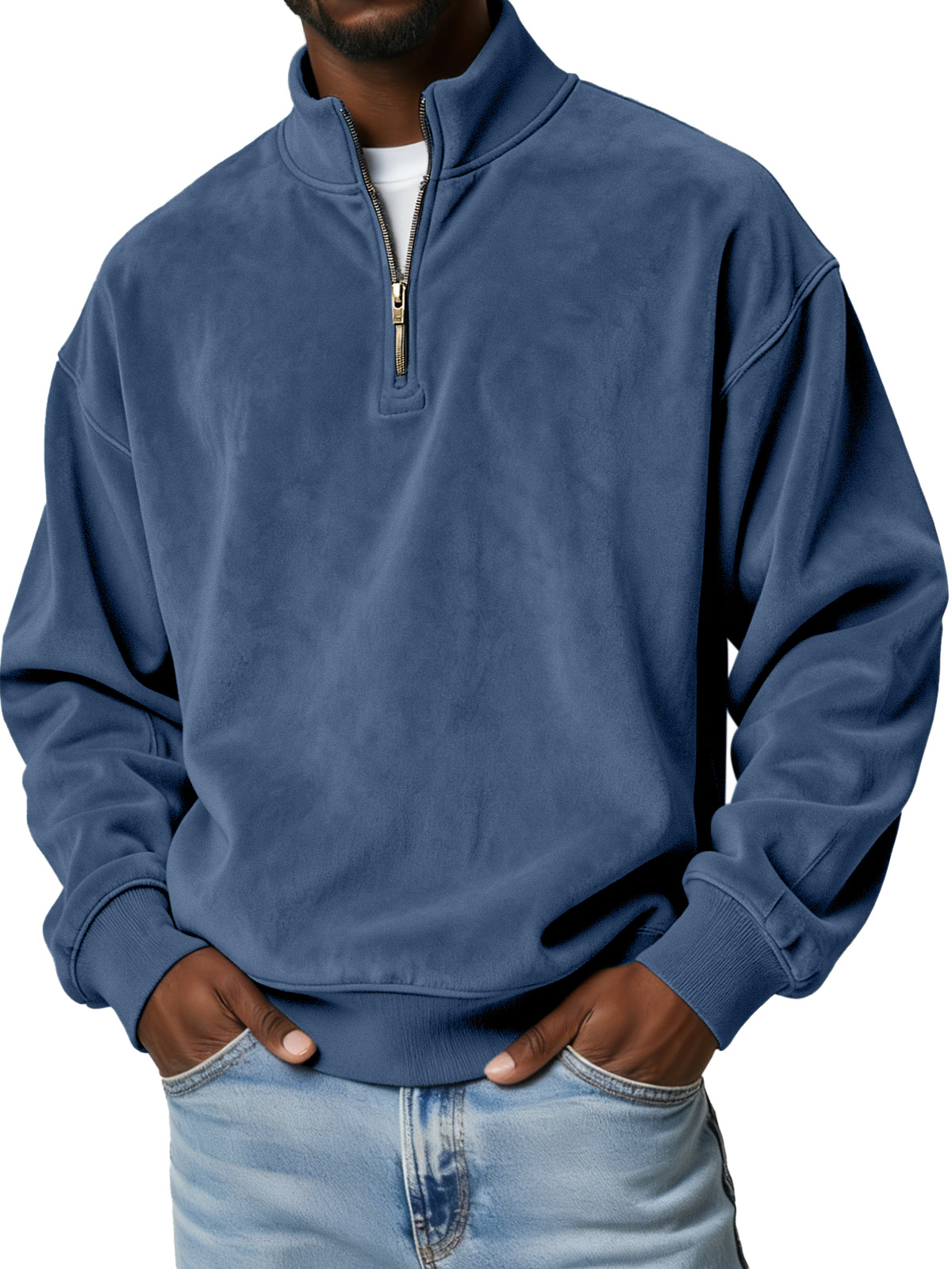 Men's Simple Solid Color Suede Casual Zipper Stand Collar Sweatshirt