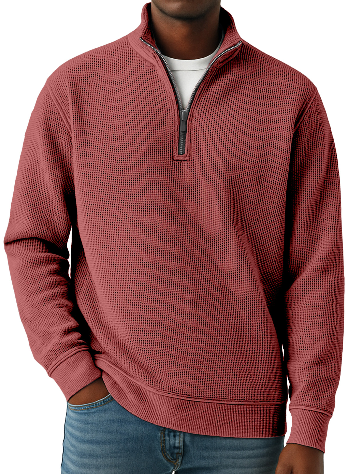 Men's Simple Solid Color Waffle Quarter-zip Long Sleeve Polo Shirt