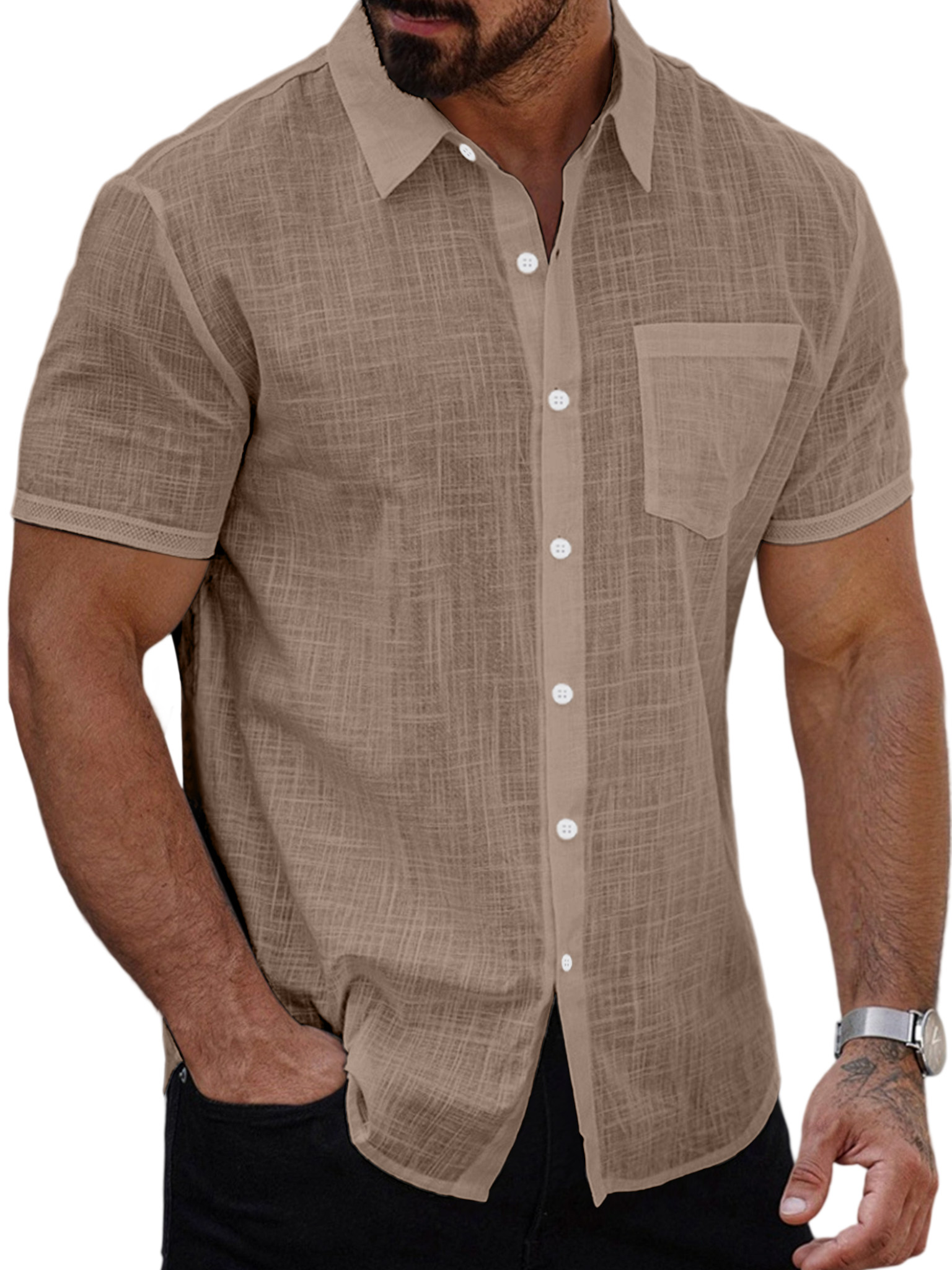 Men's Summer Casual Solid Color Button-down Short Sleeve Shirt