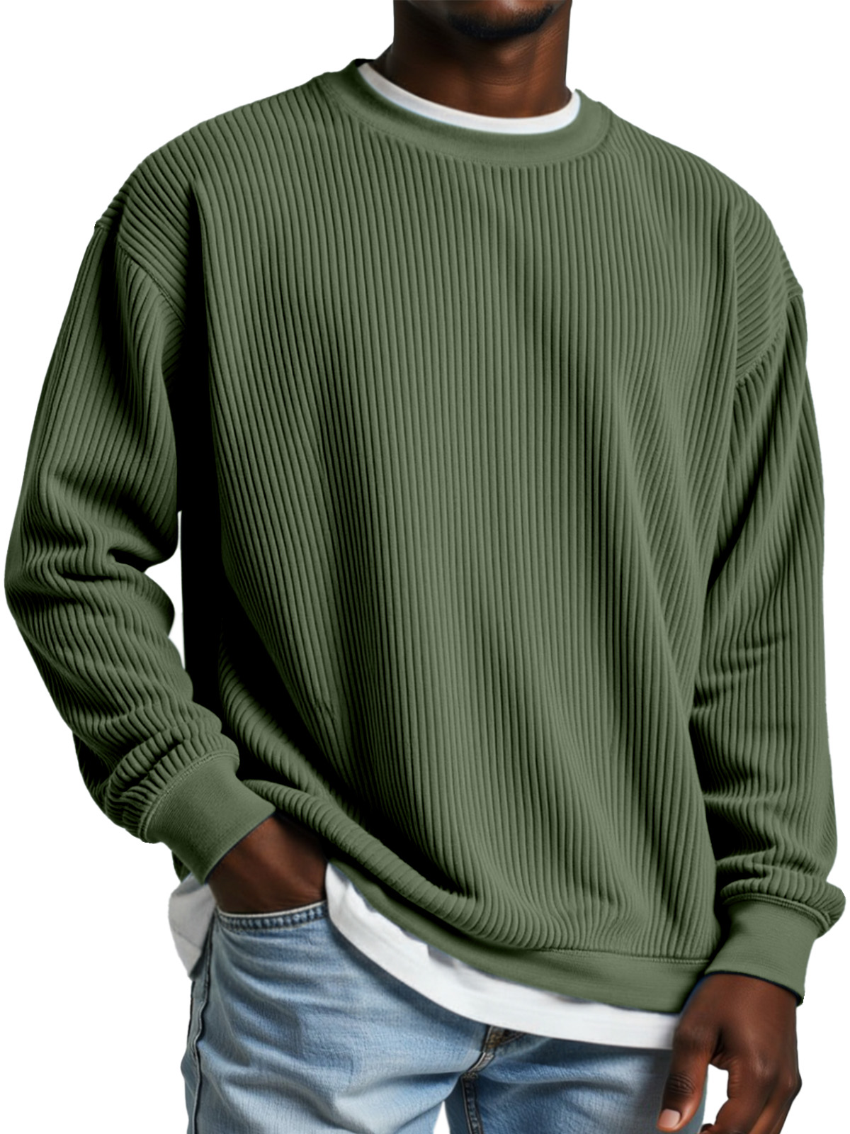 Men's Simple Daily Solid Color Vertical Pit Strip Round Neck Long-sleeved T-shirt