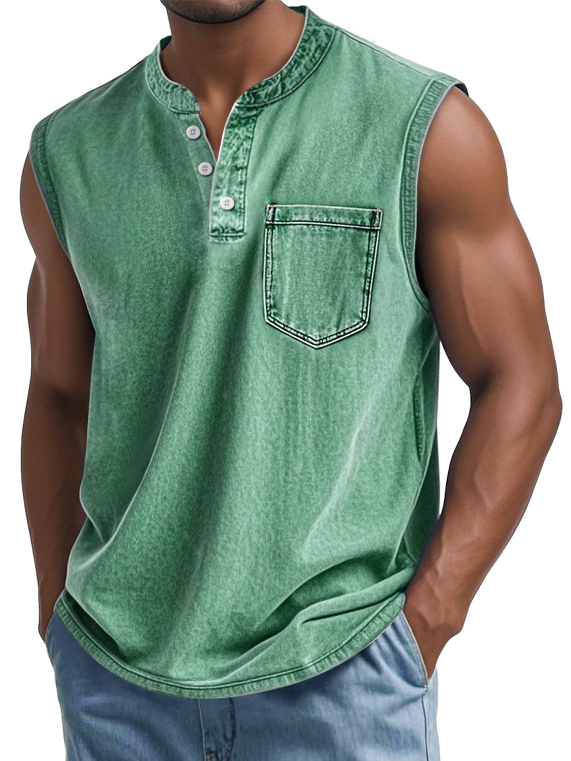 Men's Vintage Washed Cotton Stand Collar Pocket Casual Sleeveless Henley Vest
