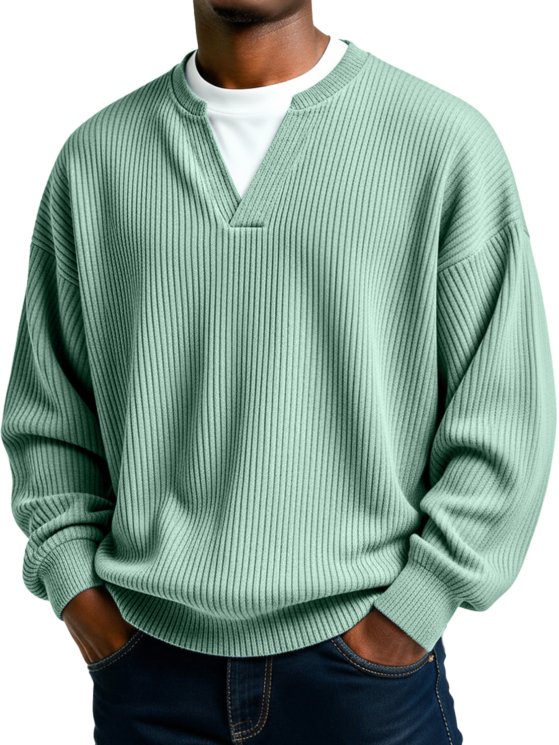 Men's Simple Ribbed V-Neck Faux Two-Piece Casual Long-Sleeve T-Shirt